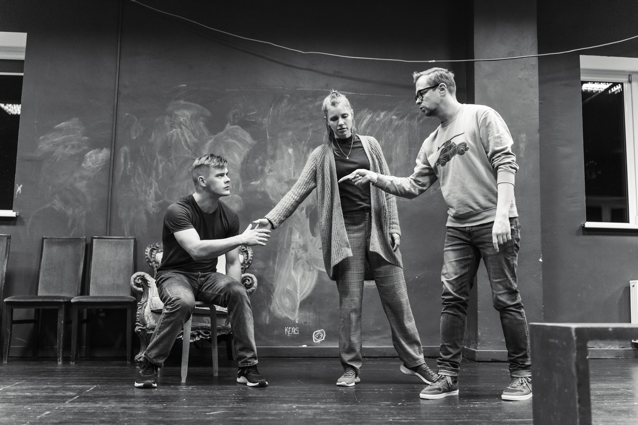 Skats no LT izrādes "Kaija" mēģinājumu procesa (2023) // Foto – Armands Kaušelis